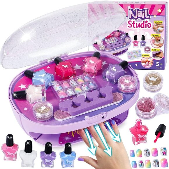 Kids Nail Polish Set for Girls All-in-One Nail Art Kit - Dryer/ Glitter Powder/